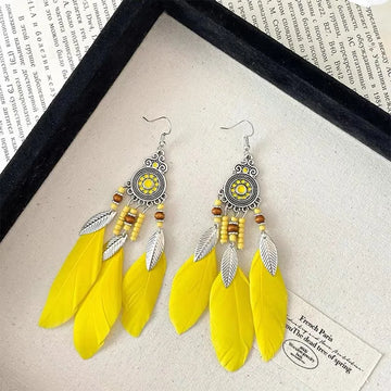 Daiiibabyyy  Bohemian Ethnic Feather Drop Earrings For Women Elegant Wood Beads Leaf Long Tassels Dangle Earring Girls Fashion Party Jewelry